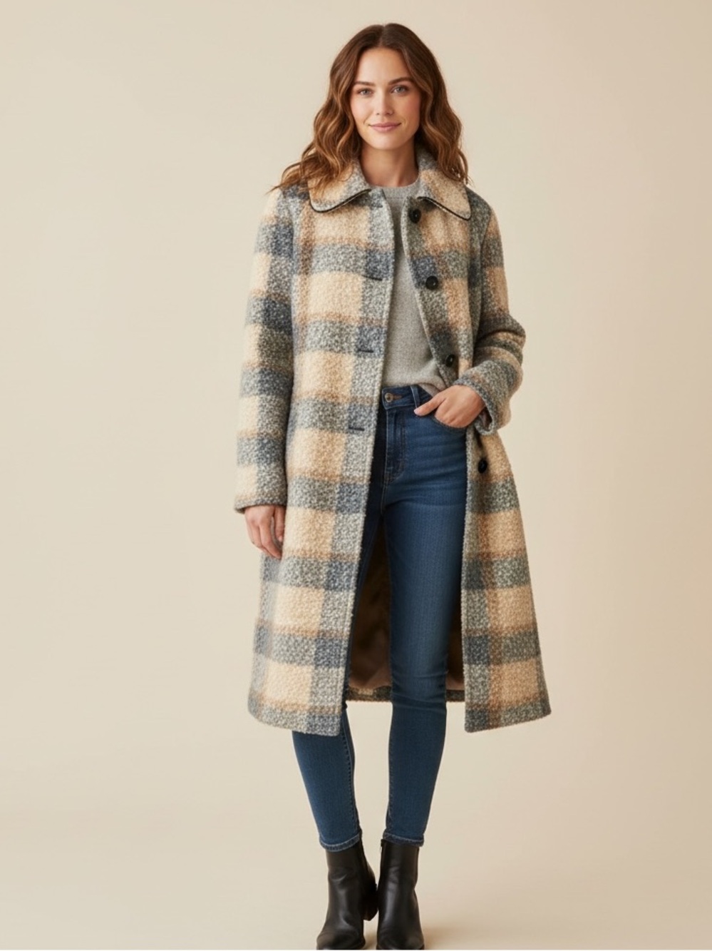 NWT Ellen Tracy Camel Plaid Boucle Overcoat Womens M Long Balmacaan Coat Y5110EL